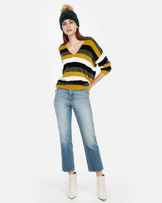 Express Striped Velvet Chenille V-Neck Sweater