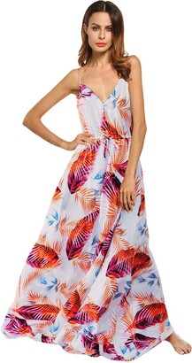 BODDYSIZE Women's Strap Floral V Neck Long Tie Back High Waist Summer Beach Maxi Dress