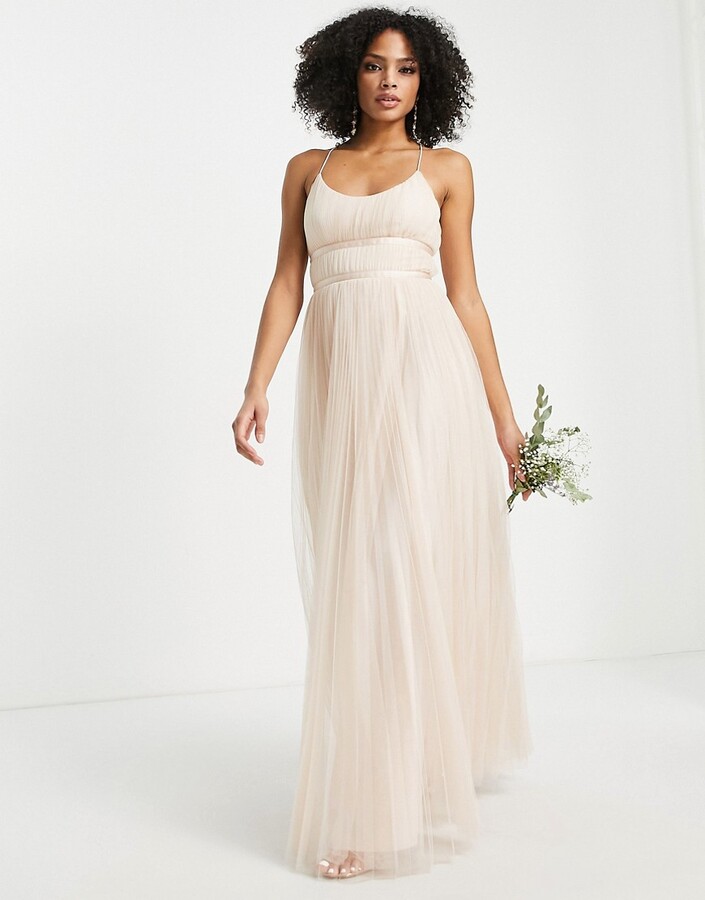 asos design tulle bow tie tiered maxi dress in champagne