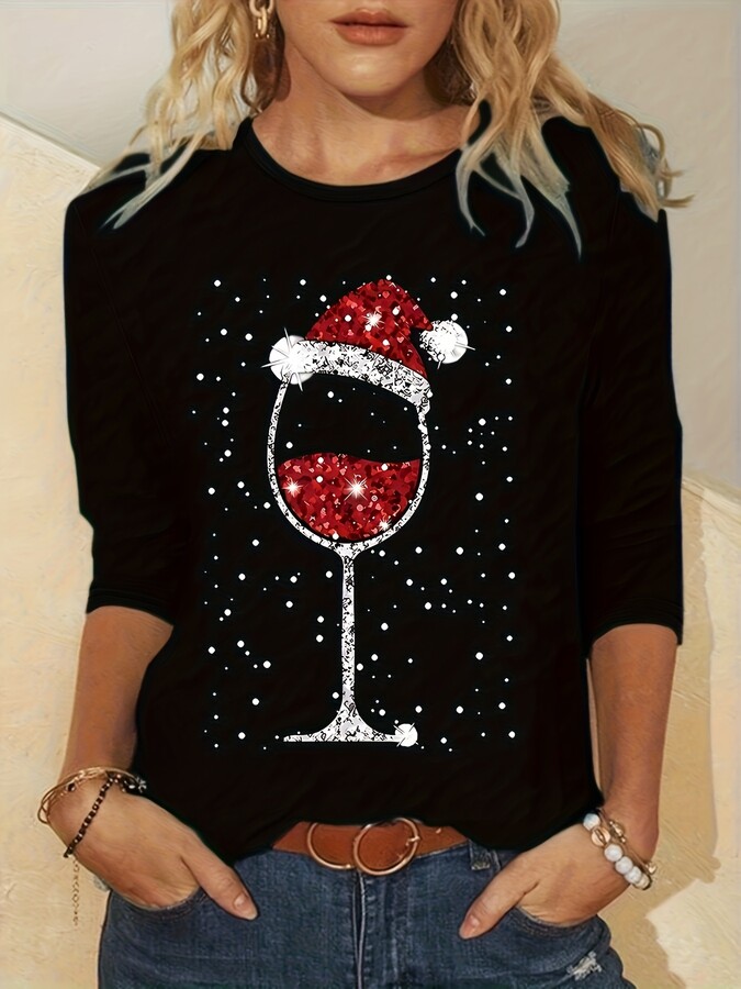 GUILAN Women & apos;s Autumn 100% Cotton Casual Loose Christmas Wine Cup Christmas Hat Pattern Printed Round Neck Long Sleeve T-shirt Top