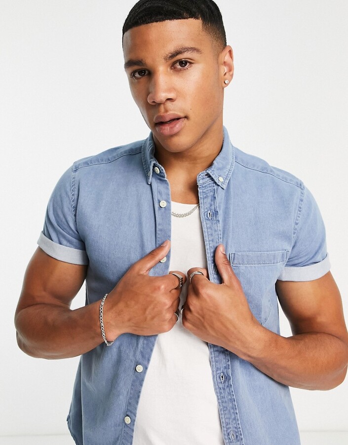 mens light blue denim shirt short sleeve