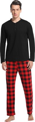 Vlazom Mens Pajamas Set Long-Sleeve Soft PJ Sleepwear Top and Check Bottoms 