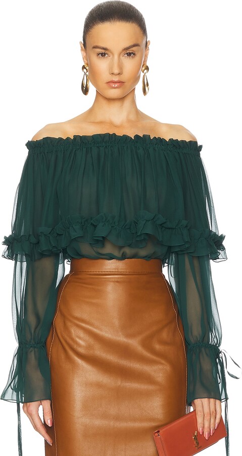 Saint Laurent Sheer Off The Shoulder Blouse in Dark Green