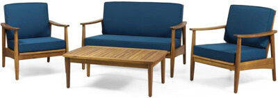 Corrigan Studio Willowbrook Teak Brown 4-Piece Wood Outdoor Patio Conversation Seating Set With Dark Teal Cushions