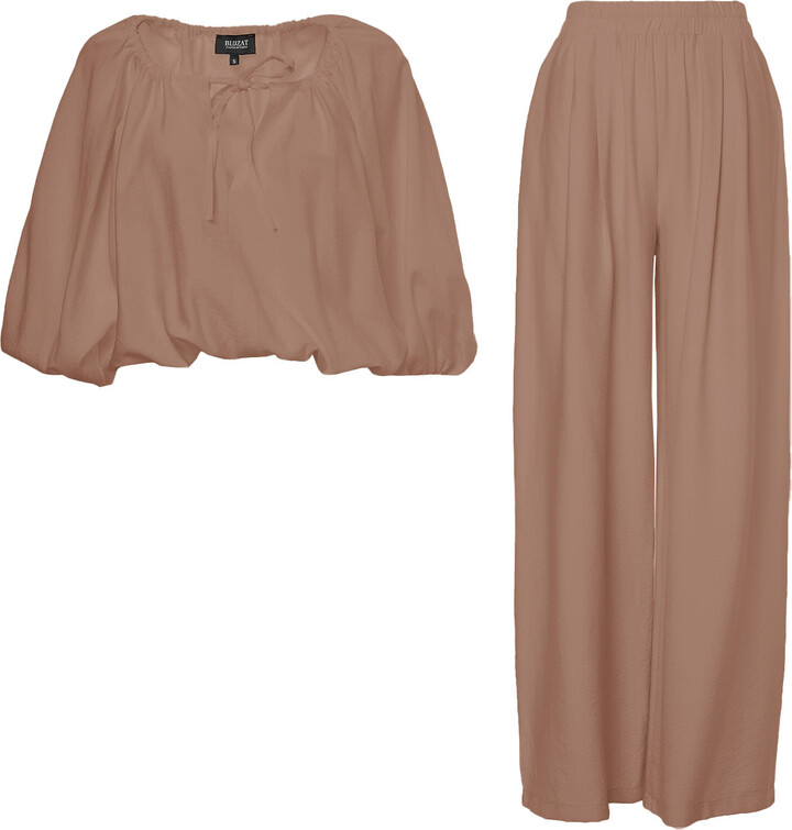 Bluzat Brown Camel Linen Matching Set With Flowy Blouse And Wide Leg Trousers