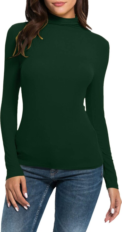 2022 Women Casual Solid Long Sleeve Mock Turtleneck Blouse Tops Slim Fit  Stretchy Layer Tee Shirts Womens Active Short Sleeve (Green - ShopStyle