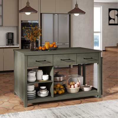 Extendable Kitchen Cart With Power, Storage Drawers And Open Shelves + Natural Island Shelf Storage, Built-In Electrical Ports, Retro Design