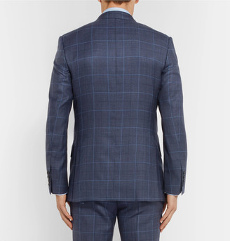 Kingsman Harry's Navy Double-Breasted Checked Wool, Silk And Linen-Blend Suit Jacket