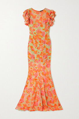 De La Vali Bougainvilla Ruffled Floral-print Recycled Georgette Maxi Dress - Orange
