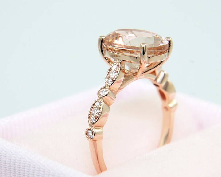Etsy Oval Morganite Engagement Ring 14K Rose Gold Art Deco Diamond Band