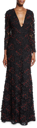 Sachin + Babi Long-Sleeve Beaded Lace Gown, Onyx