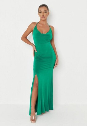 Missguided Green Slinky Cowl Neck Split Detail Maxi Dress