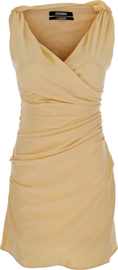 Jacquemus 'the Rita' Beige Dress With V-neck And Draped Details In Cotton Woman