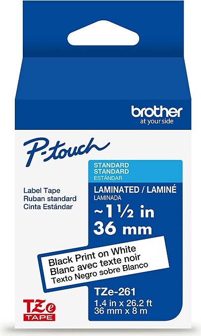 Brother P-touch Laminated Label Tape, 1-1/2" x 26.2', Black on White (TZe261)
