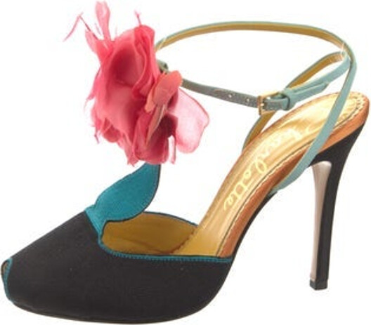Charlotte Olympia T-Strap Pumps Black Colorblock Pattern Peep-Toes Wrap-Around Straps & Buckle Closure at Ankles