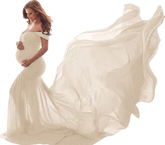 White Lace Puffy Sleeves Pregnancy Photoshoot Gown  Glamix Maternity