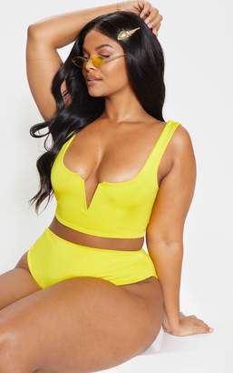 PrettyLittleThing Plus Bright Yellow V Bar Detail Bikini Top