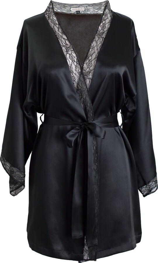 Ariane Delarue Black Satin Silk Robe With Leavers Lace Details