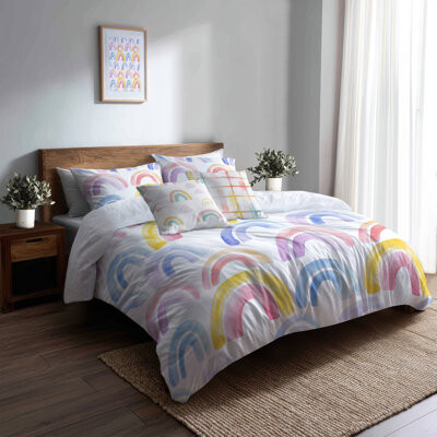 Kids Soft Bedding Set 5 Pcs - Minimal Rainbow Soft Duvet Cover And Throw Pillow Set