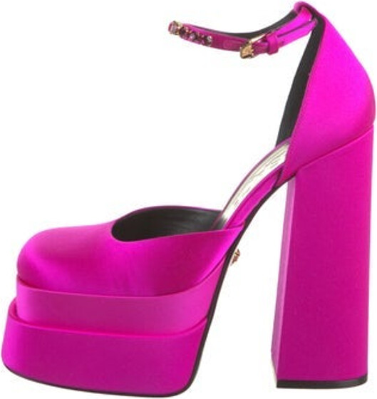 Versace Satin D'Orsay Pumps Pink Leather Trim Leather & Crystal Accents Square-Toes Platform Wrap-Around Straps & Buckle Closure at Ankles Includes Box & Dust Bag