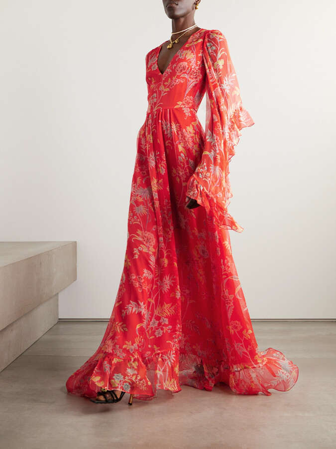 Etro★素敵！Embellished Long Sleeve Silk Crepon Midi Dress Etro Ruffled Floral-print Silk-crepon Maxi Dress - Red