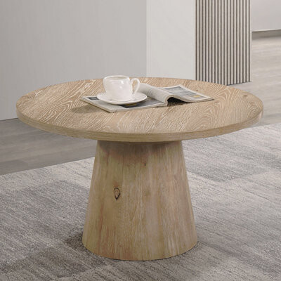 Latitude Run 1-Piece Contemporary Wood Round Coffee Table With Cone Shape Pedestal Base Rubberwood Structure Oak Finish Style