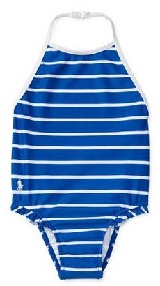 Ralph Lauren Childrenswear Ruffle-Trim Halter One-Piece Swimsuit, Blue, Size 9-24 Months