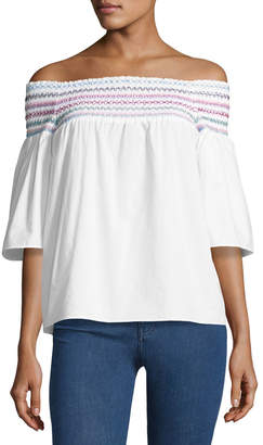 Parker Yasmin Smocked & Embroidered Off-the-Shoulder Blouse, White