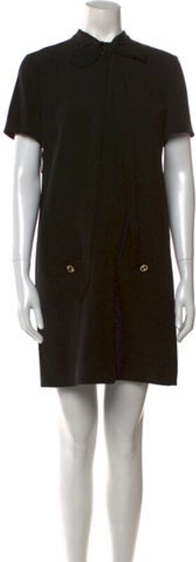 Gucci Shift Dress From the 2024 Collection by Sabato De Sarno Black Interlocking G Logo Bow Accents Short Sleeve with Collar Concealed Zip Closure at Back Designer