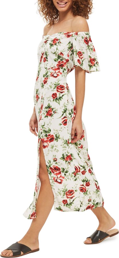 Topshop Bardot Rose Print Midi Dress
