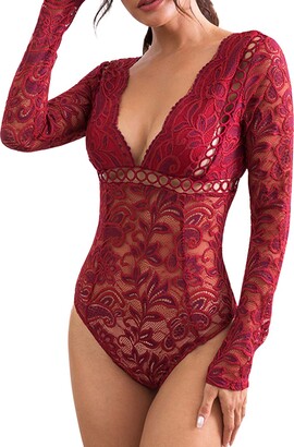 semen Womens Sexy Deep V-Neck Long Sleeve Lace Bodysuit See Through Hollow  Out One Piece Jumpsuits Wine Red - ShopStyle Shapewear