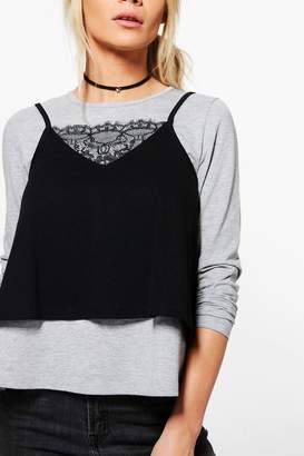 boohoo Ashleigh 2 in 1 Lace Detail Cami Tee