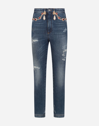 Dolce & Gabbana High-waisted jeans with pearls and embellishments