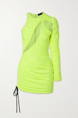 David Koma One-sleeve Tulle-paneled Neon Stretch-jersey Mini Dress