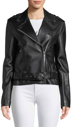Michael Kors Ruffled-Sleeve Lamb Leather Moto Jacket