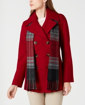 London Fog Double-Breasted Plaid-Scarf Peacoat