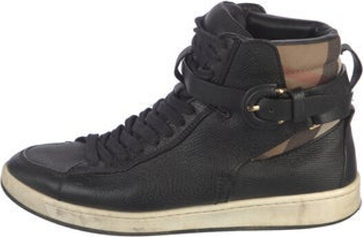 Burberry Leather High Top Sneakers Black Rubber Trim Round-Toes Lace-Up Closure at Uppers Unfortunately, due to restrictions, this item may not be eligible for shipping in all areas.
