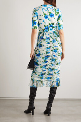 Richard Quinn Ruffled Ruched Floral-print Crepe De Chine And Jersey Dress - Blue