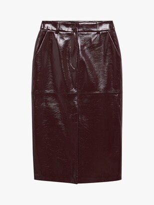 MANGO Faux Leather Midi Skirt, Dark Red