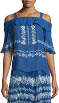 Thumbnail for your product : Self-Portrait Chiffon Flower Spell Cold-Shoulder Top, Cobalt Blue/Cream