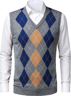 KTWOLEN Mens Argyle Sweater Vest V-Neck Sleeveless Jumper Vest Knitted  Gilet Slipover Gentleman Knitwear Waistcoat - ShopStyle