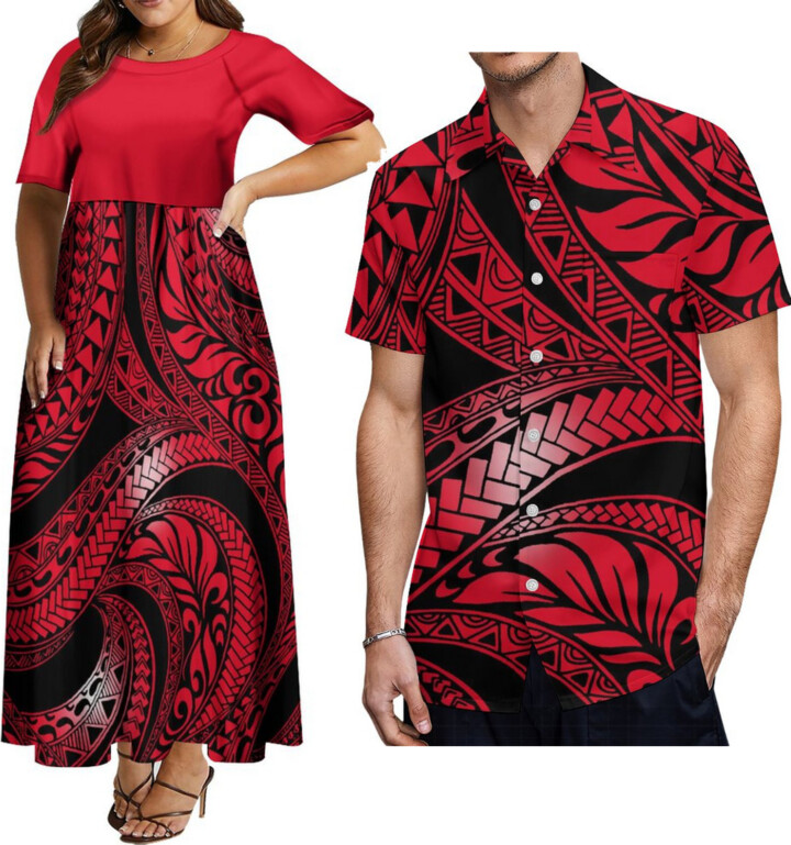 Hot Summer Women & apos;S Short-Sleeved Dress Samoan Maxi Dress Polynesian Tribal Design Printed Men & apos;S Aloha Shirt Couple Set