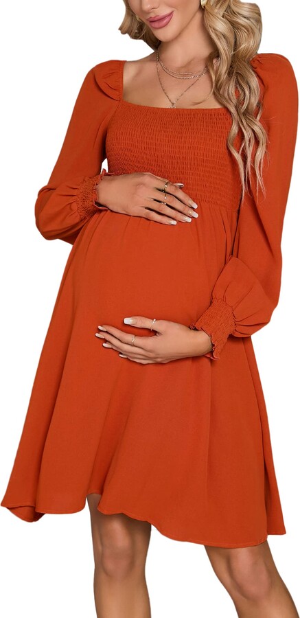 KOJOOIN Maternity Dress Summer Women Tie Back Square Neck Puff Sleeve ...