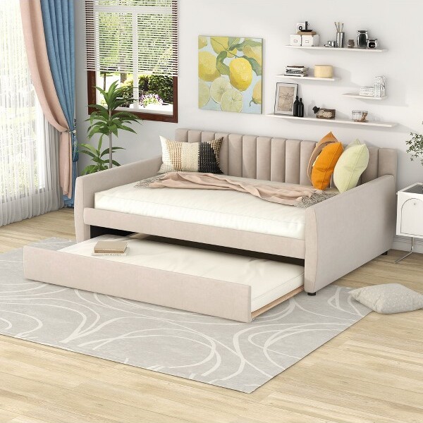 SapphtopazFullSizeDaybedwithTrundleBedVelvetFabricUpholsteredBedFramewithStripedArmandSlatsSupportforApartmentBedroomBeige