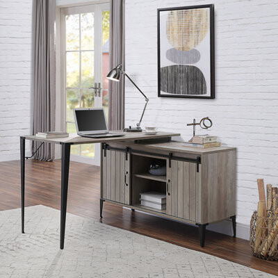 Ophelia & Co. Grey Oak Writing Desk With Sliding Barn Door, Spacious Work Area And Built-In Cord Management For Modern Offices