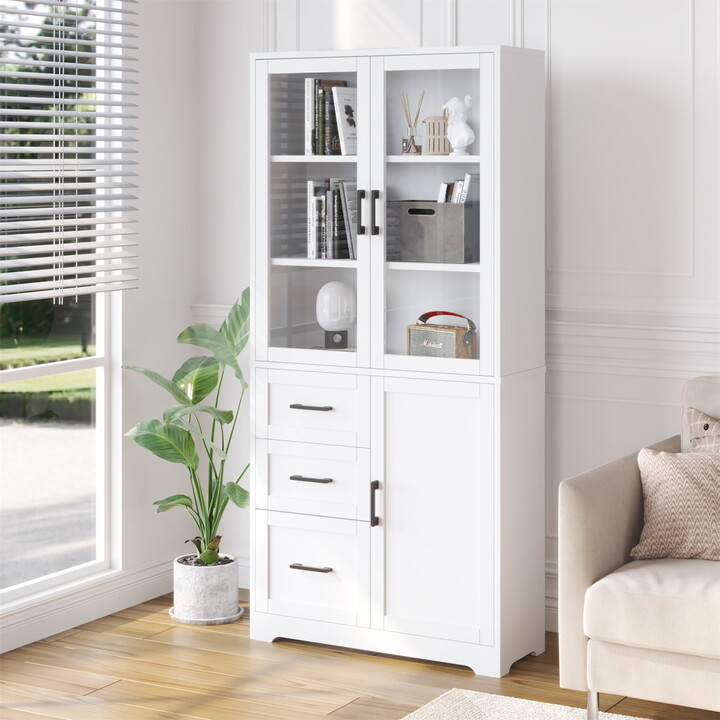 Hommoo Modern 5-Tier Bathroom Storage Cabinet with Black Handle, 3 Doors & 3 Drawers Wood Tall Cabinet Cupboard for Home, White