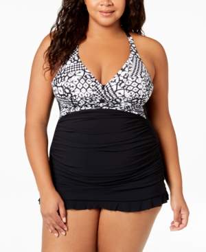 Gottex Plus Size Printed Underwire Tummy-Control Swimdress Women's Swimsuit
