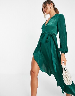 Flounce London satin long sleeve wrap maxi dress in emerald green -  ShopStyle
