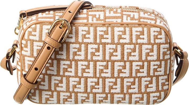 FENDI: By The Way Mini bag in raffia with all-over embroidered FF monogram  - Beige
