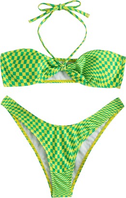 SOLY HUX Women's Checkered Halter High Cut Bikini Bathing Suits 2 Piece  Swimsuits - green - Small - ShopStyle